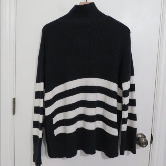 French Connection Womens Sz M Navy White Striped Mock Neck Knit Sweater Button - Picture 2 of 7